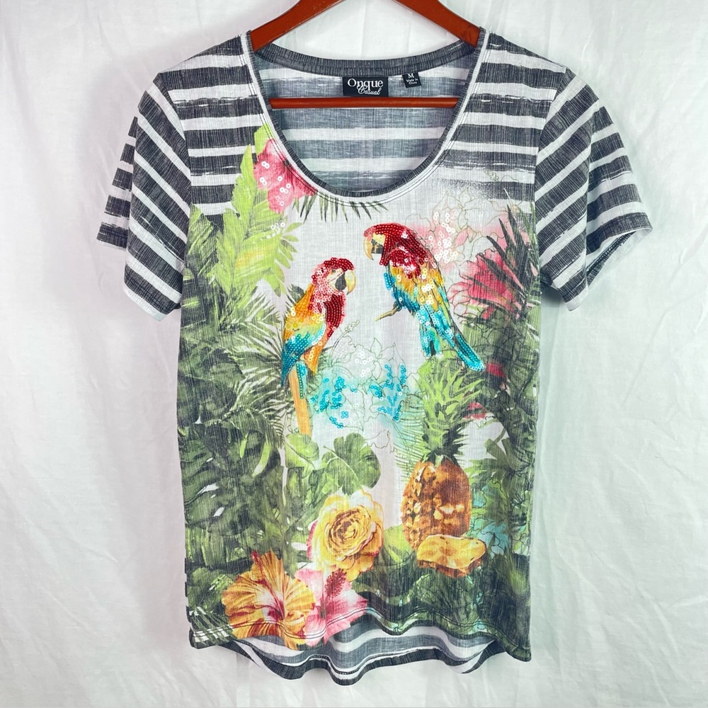 Onque Womens Parrot Macaw Topical Sequins Top Size M Resort Short Sleeve Blouse